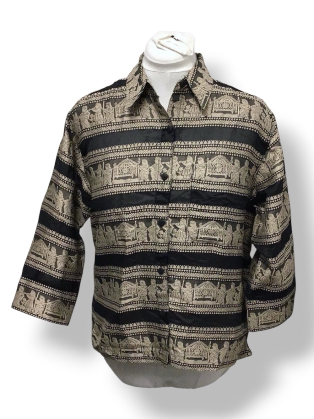Chico’s Design Women’s Long Sleeve Button Down Silk Blend Shirt Black/Gold M